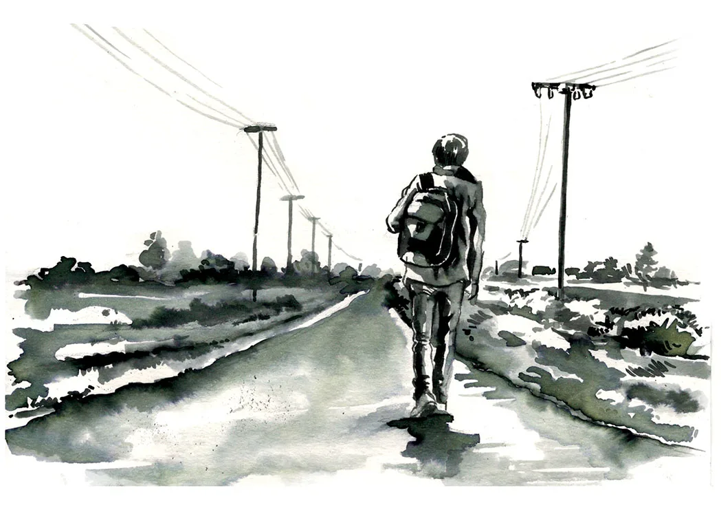 An ink-and-wash drawing of a student walking a country road with a backpack.